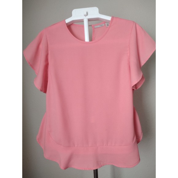 Women's Pink Blouse Ruffle Formal Crepe Short Sleeve Crewneck Button Back Size S - Picture 8 of 12